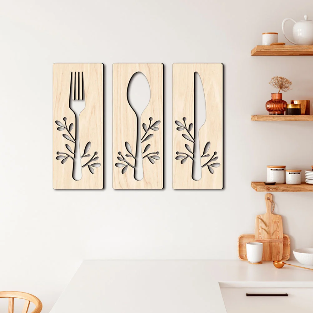 

Wooden Fork Spoon Knife Sign Dining Room Decorations Restaurant Wall Three-dimensional