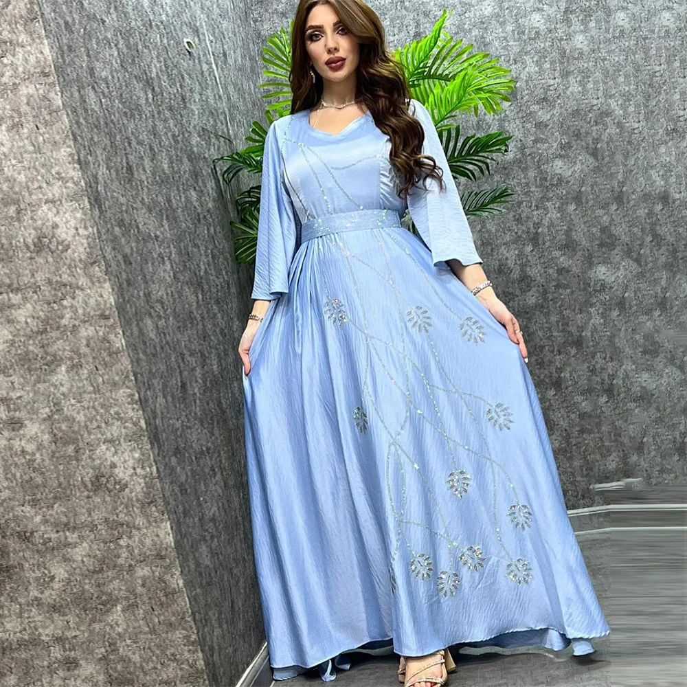 Modest Muslim Dress Abaya Dubai Leaf Diamond Party African Turkey Dresses for Women with Belt Morocco Kaftan Robe India Jalabiya