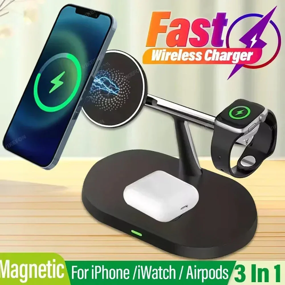 3 in 1 Magnetic Wireless Charger Stand Phone Charger Holder Fast Charging For iPhone 16 15 14 13 Pro Max Apple Watch Airpods 15W