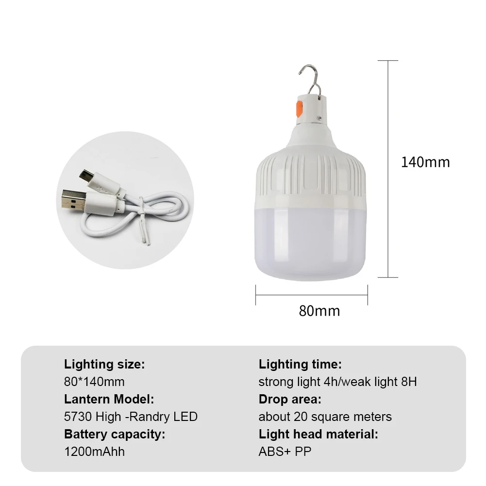 1/2/3pcs Camping Light USB Rechargeable LED Emergency Lamp Outdoor Portable Lanterns with Hook for BBQ Tents Battery Bulb