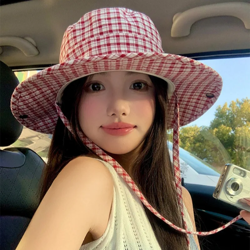 Ins Retro Red Plaid Big Brim Bucket Hats Women Spring Summer Sun