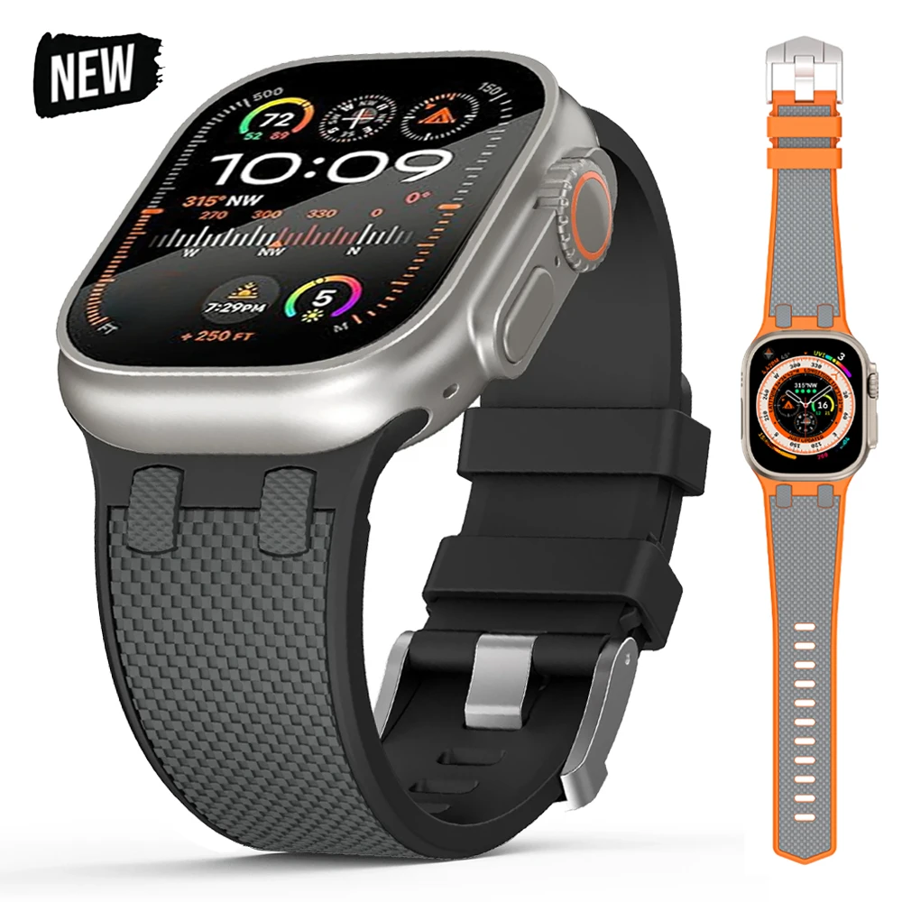 

Ремешок из углеродного волокна для Apple Watch Ultra 2 49 мм, силиконовый браслет 45 мм 44 мм 42 мм, мужской спортивный браслет для iWatch Series 9 8 7 6 4 5 se