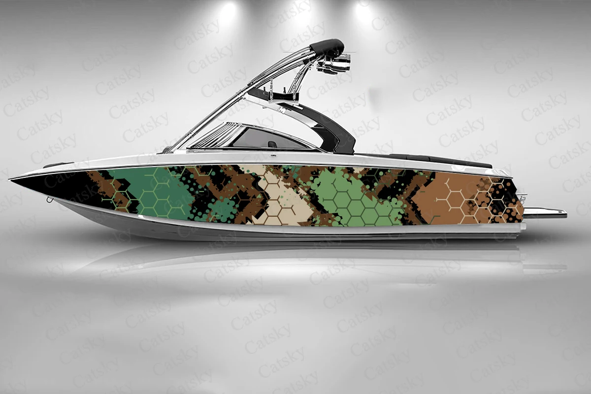 

Camouflage Hexagon Graphic Boat Fashion Sticker Packaging Waterproof Custom Ship Geometric Red Lines Wrap Vinyl Decal Decoration