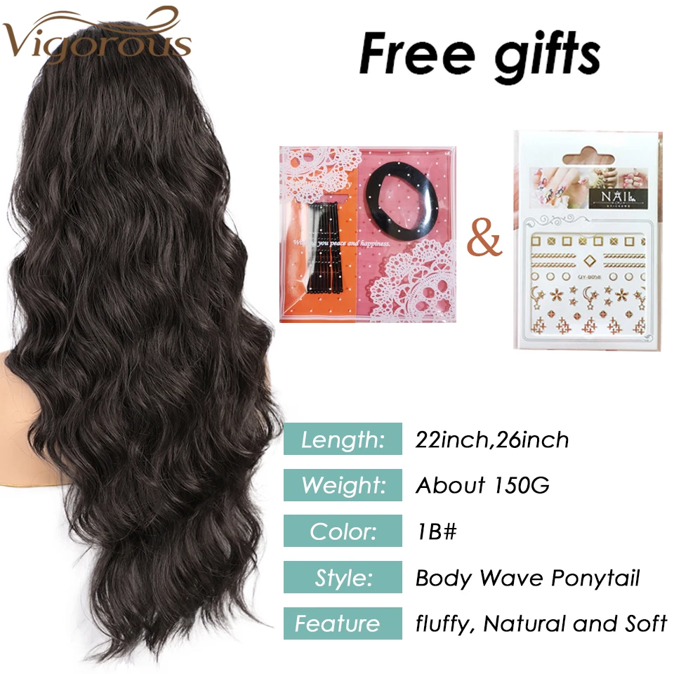 MONIXI Synthetic Long Wavy Ponytail Hair Synthetic Drawstring Ponytail Clip in Hairpiece Black Wave Ponytail for Black Women
