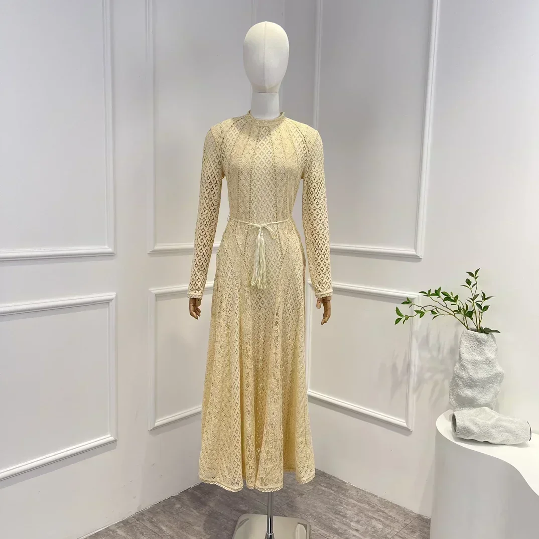 

Lace Cotton 2023 Latest Collection Long Sleeve High Quality Solid Vintage Hollow Out Waist Midi Dress for Women