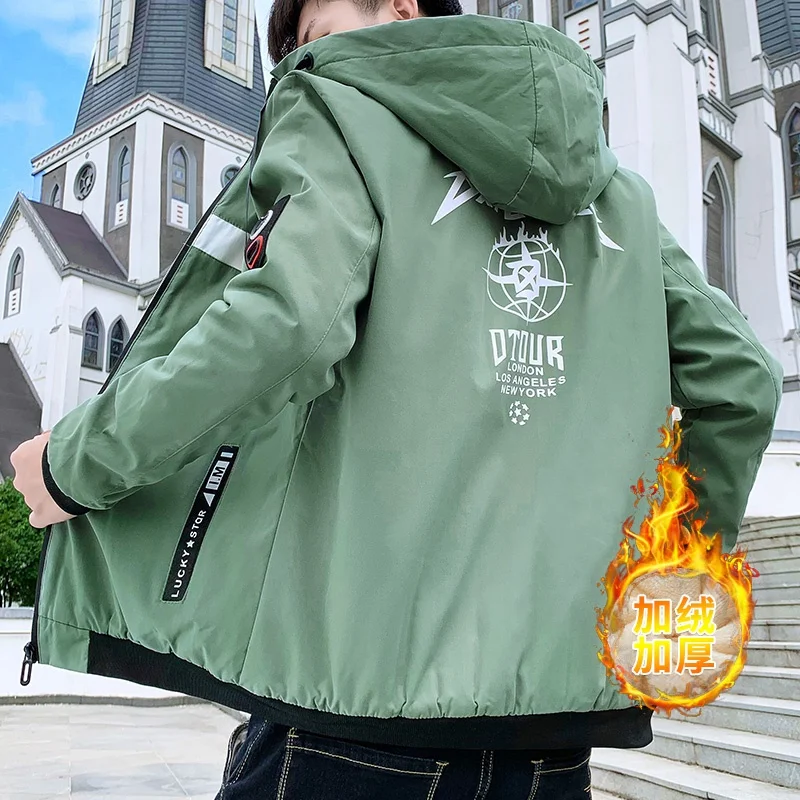 New 2023 Autumn Winter Plush Hooded Jackets Men's Casual Outwear Thicken Warm Fleece Coats Youth Slim Plus Velvet Tops Clothing