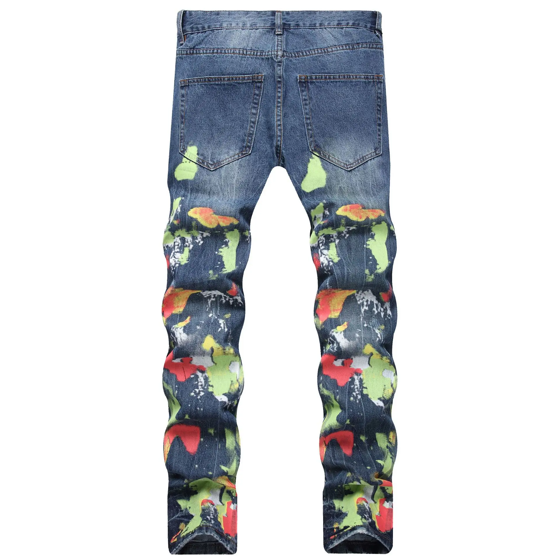 European and American hip hop style hole rewash water digital variety of color printed cotton small straight leg jeans men