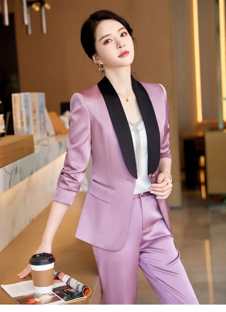 Women Satin Pants Suit Vintage Office Lady Single Button Spliced Shawl Collar Blazer Female High Waist Two-piece Set Suit spring and autumn women new slim shawl small shirt small suit jacket female office lady without button