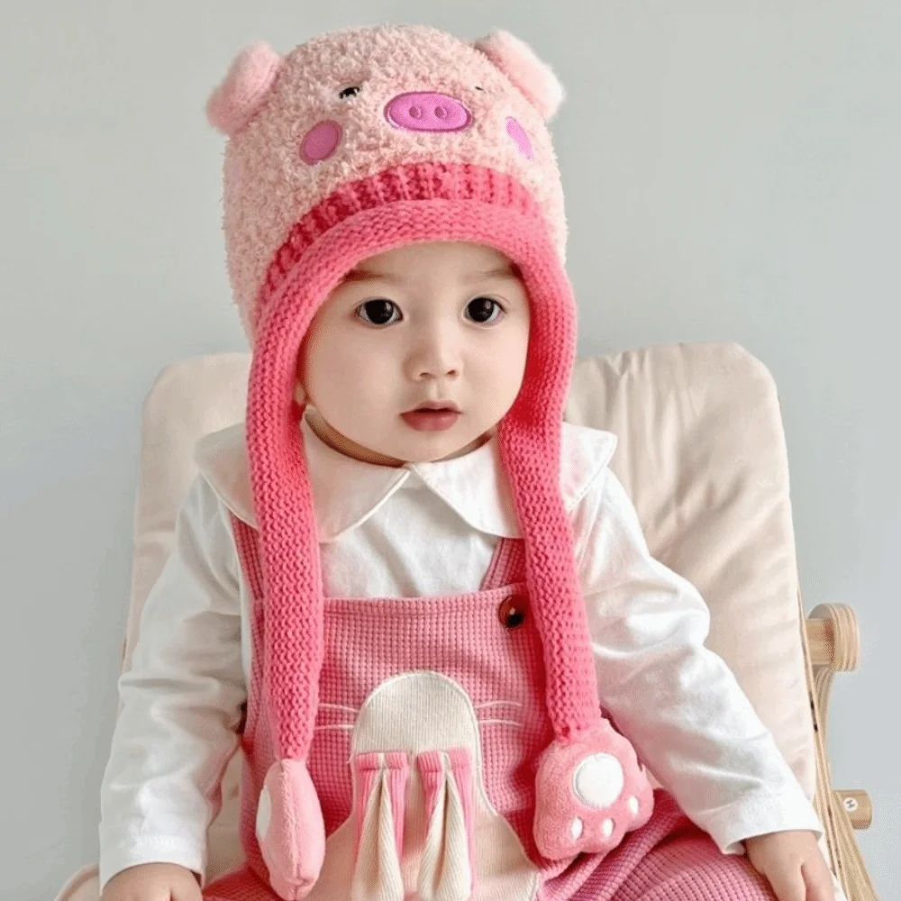 Soft Cartoon Baby Hat Pig Keep Warm Knitted Hat Bear Windproof Ear Protection Hat Winter
