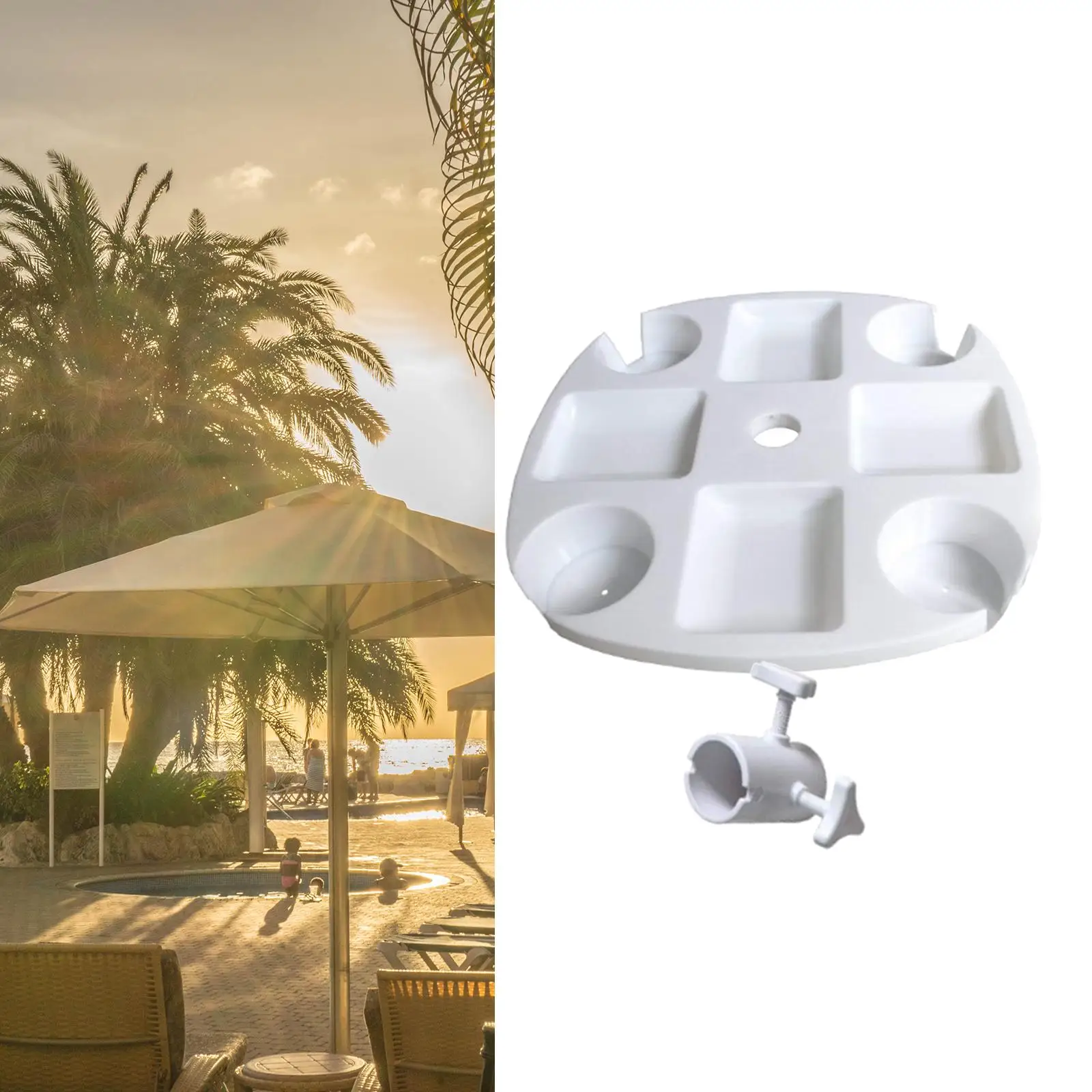 Tavolino Da Spiaggia Per Ombrellone - Vassoio Con 4 Portabicchieri E Scomparti Snack | Bianco, 43x43 Cm