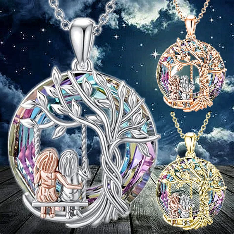 Fashion Creative Sister Crystal Necklace Life Tree Pendant Engagement Necklaces for Women Princess Jewelry Anniversary Gift