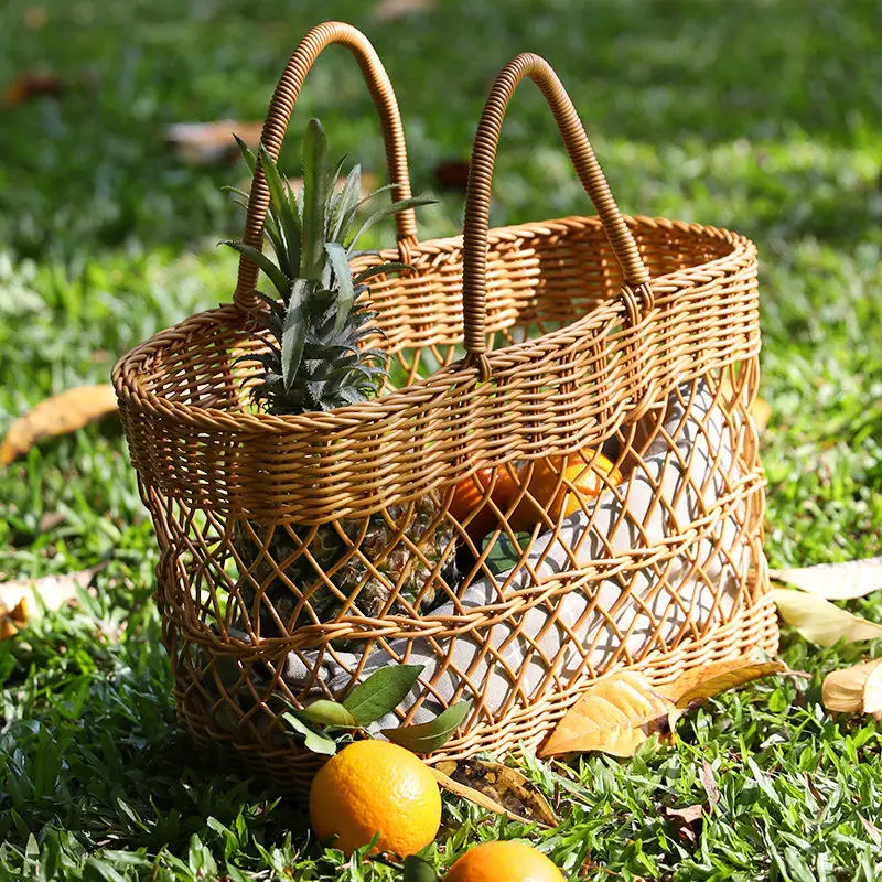 Woven Picnic Basket Large Capacity Fashionable Handmade Shopping Basket Portable Rattan For Camping Picnic BBQ Fishing