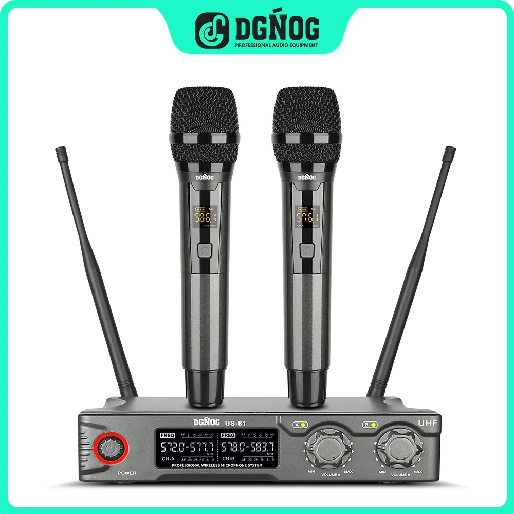 

DGNOG US-81 Dual Wireless Microphone System Professional UHF 2 Channels Handheld Karaoke Mic for Home Party Meeting Church