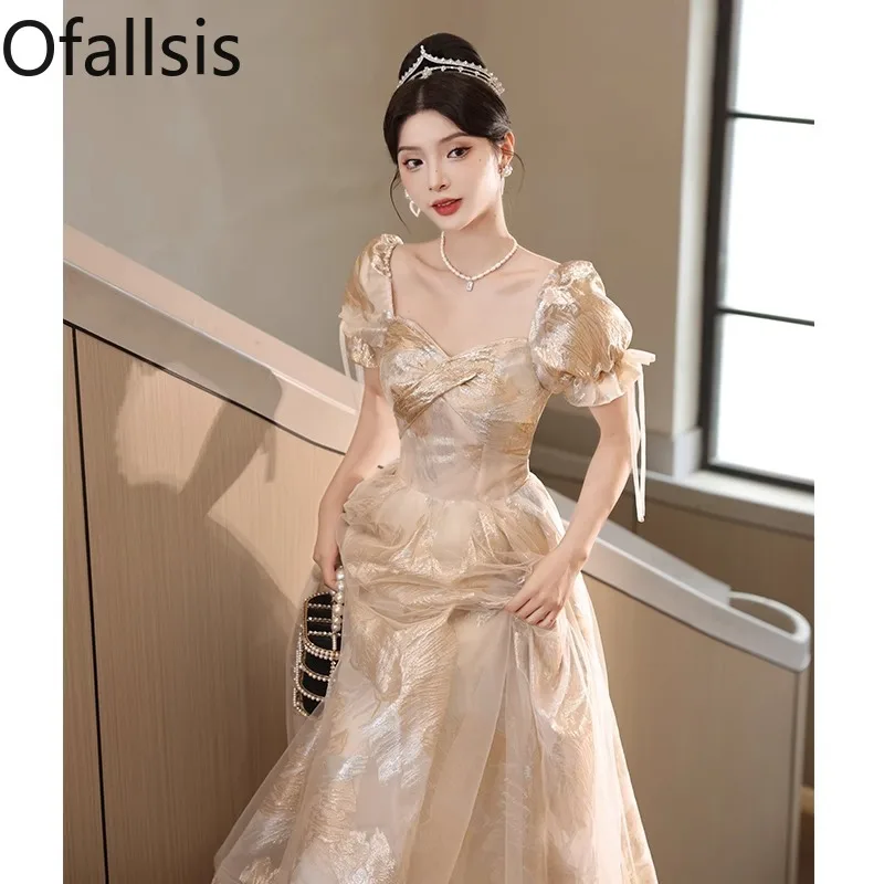 

Ofallsis French Style Square Neck Evening Dress 2024 Summer New High End Luxury Gold Art Exam Annual Meeting Banquet Dresses