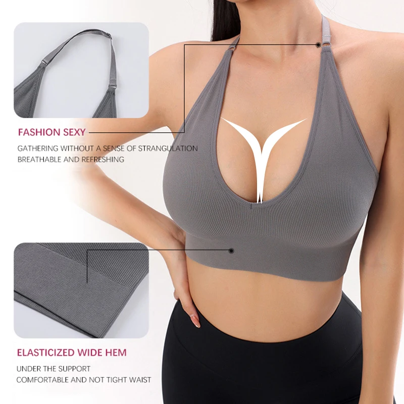 Women Lingerie Bra Flarixa Halter Sports Bra Women Seamless Padded Activewear Bra Fitness Yoga Top Bralette Back Invisible Gym Workout Underwear