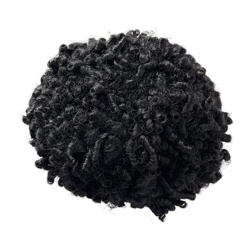 Mongolian Virgin Human Hair Hairpieces #1 Jet Black 15mm Afro Curl Toupee 8x10 Full Lace Unit for Black Men