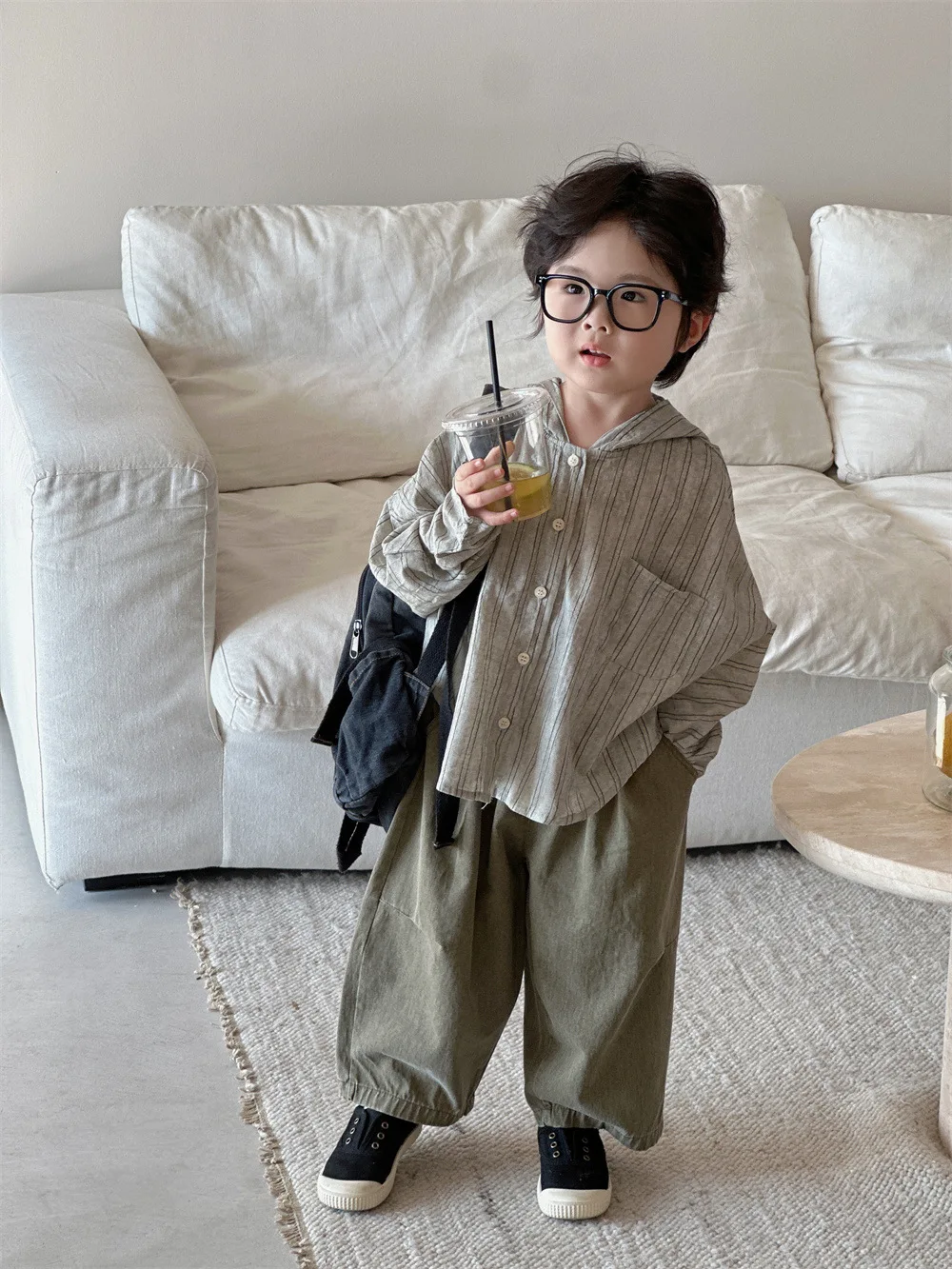 Children Linen Spring and Autumn Striped Shirt Boys and Girls Hooded Top Children Breathable Lightweight Cardigan