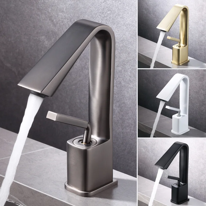 

59# Solid Brass Brushed Gold Basin Faucet Gun Grey Cold Hot Mixer Taps Deck Mounted Matte Black Sink Faucet White Crane