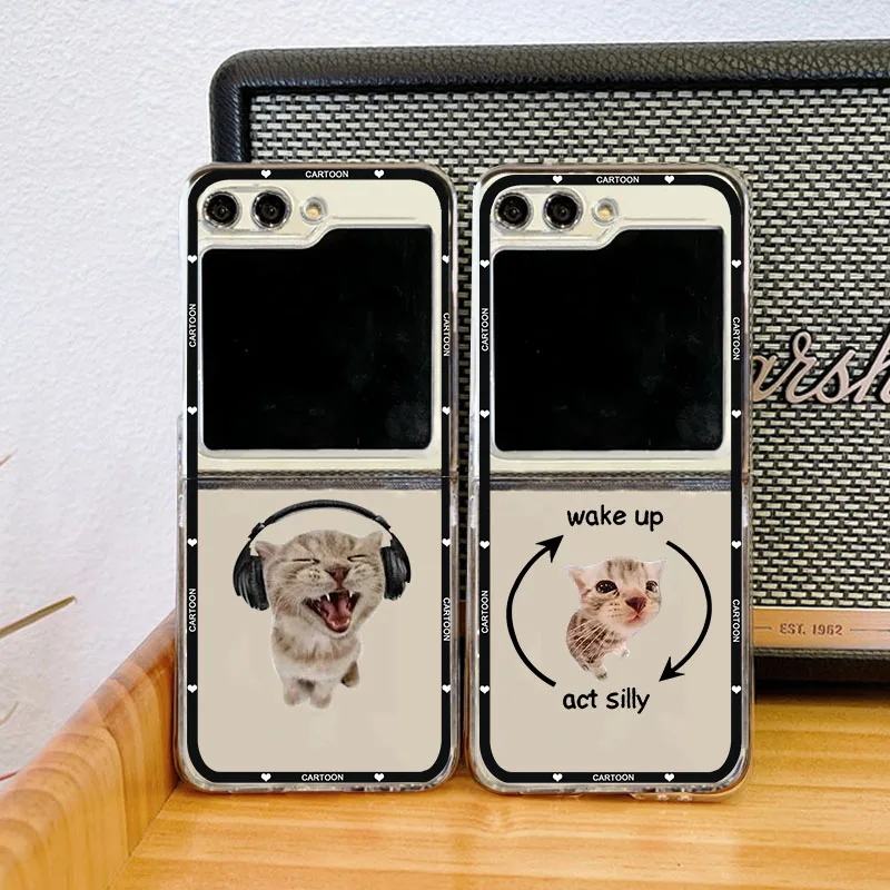 Funny Cartoon Cat Wake Up Act Silly Meme Phone Case - Cute Hard PC Folding Cover
