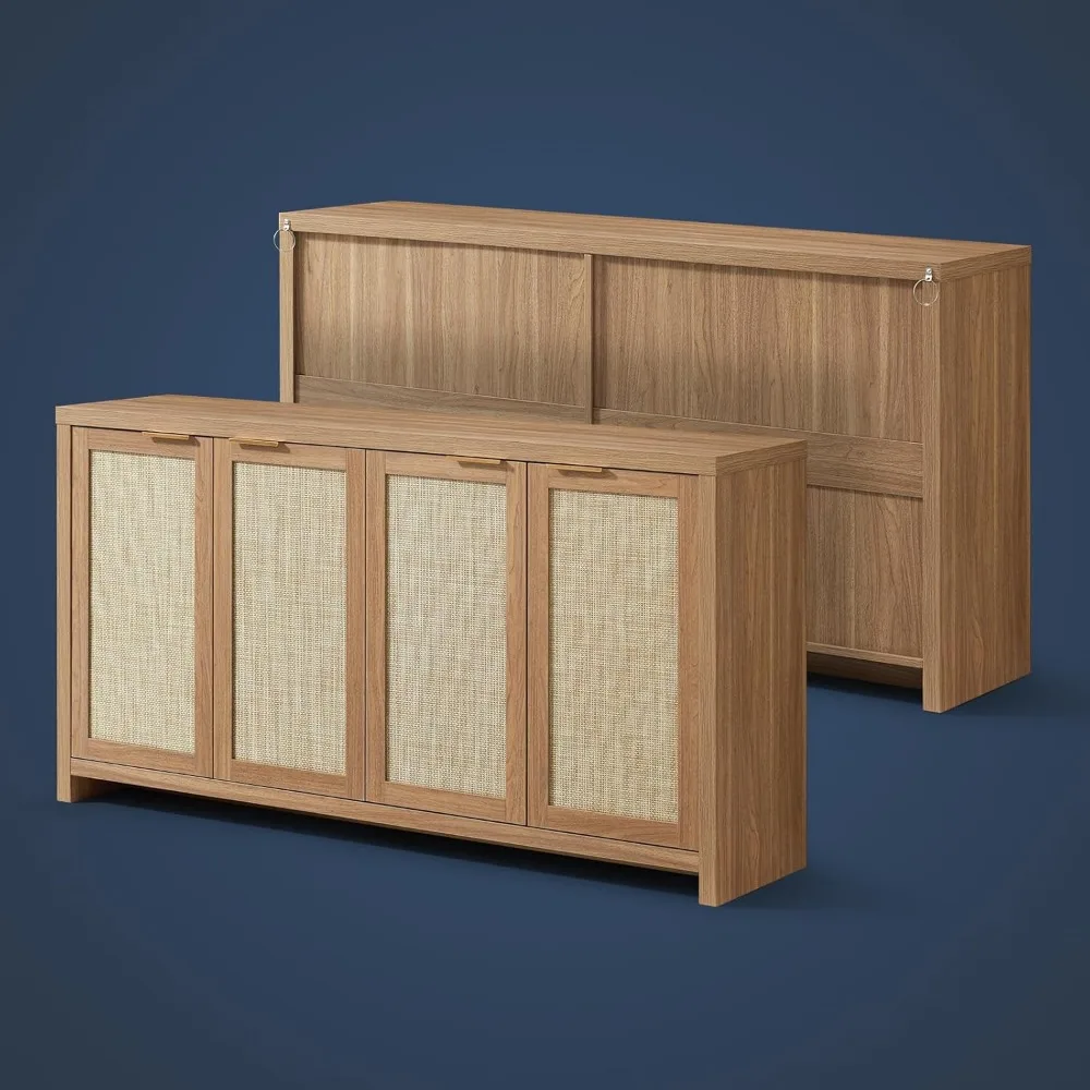 Hampstead Rattan 4-Door Storage Sideboard Cabinet with Adjustable Shelves, Boho Accent Buffet Cupboard Console for Kitchen