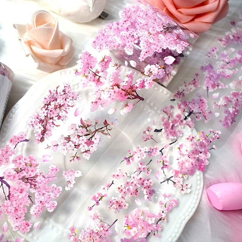2m Sakura PET Decorative Stickers Pink Flower Transparent Washi Tape For Scrapbooking Planner Journal DIY Card Making Materials