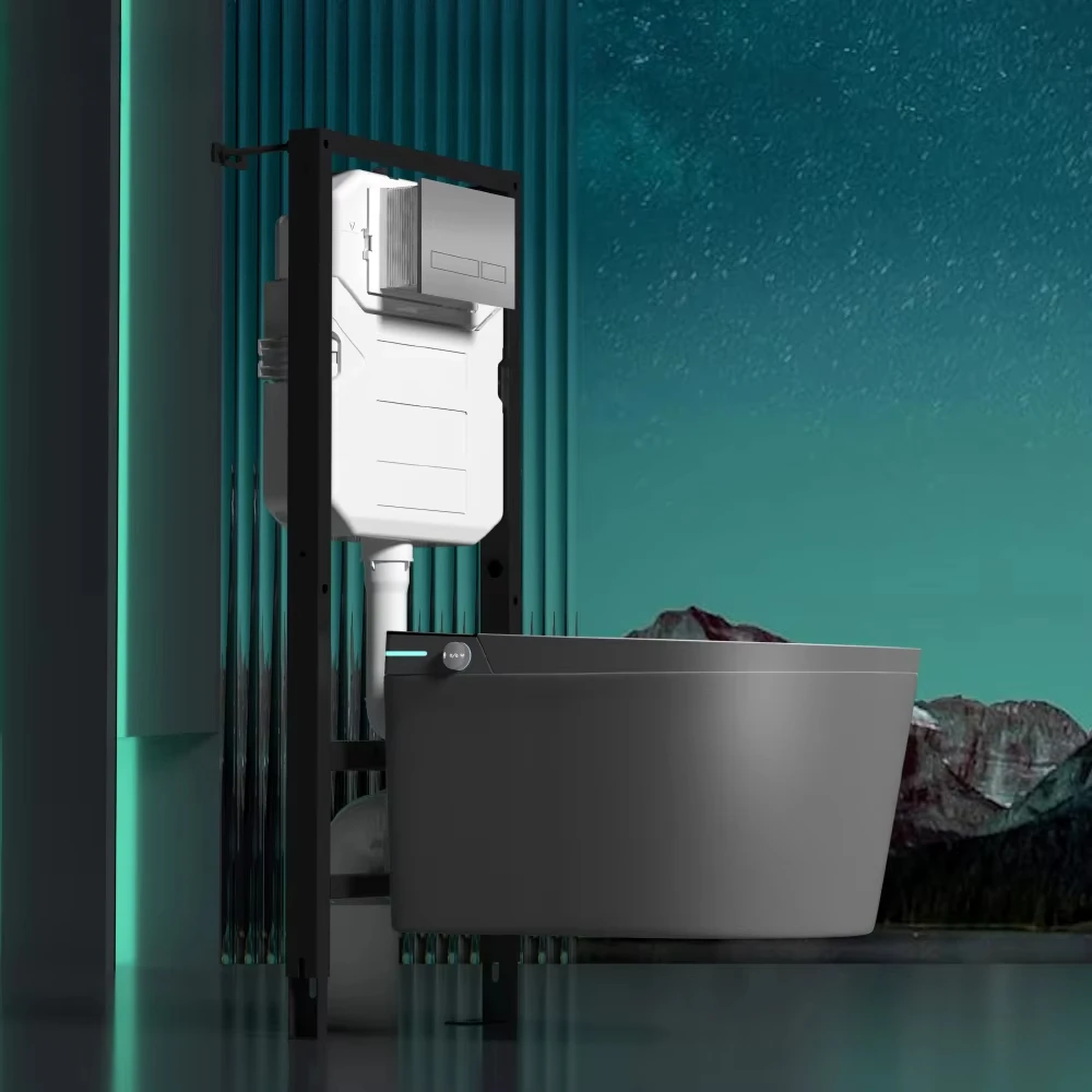 European Modern Intelligent Matt Black Wall Hung Smart Toilet Tank Bathroom Ceramic Wall Mount Drain Remote Control Feature