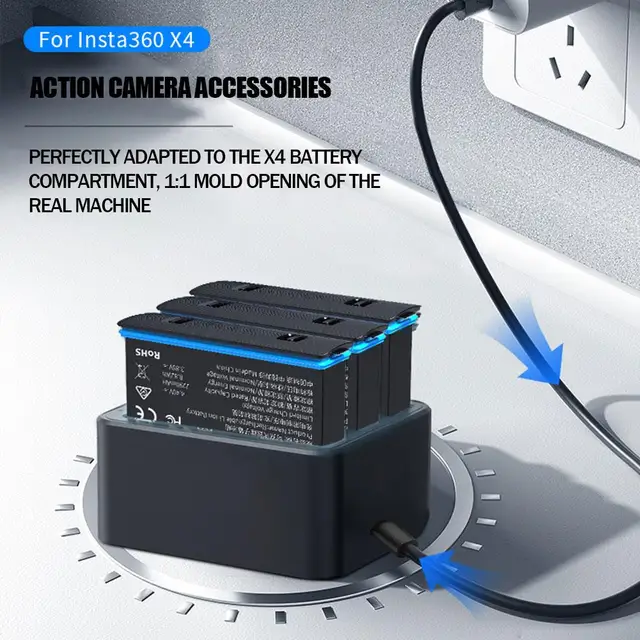 2 Batterie 2500mAh + Caricatore 3 In 1 Con USB-C Per Fotocamera 360 X4 - Kit Completo