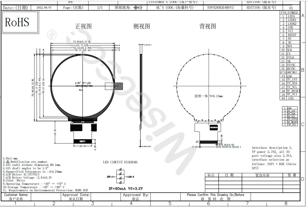 2.8 ġ IPS  LCD ÷, 480x480  ũ, ̿ , ڵ  ûұ, ڷ , RGB SPI Wiseco