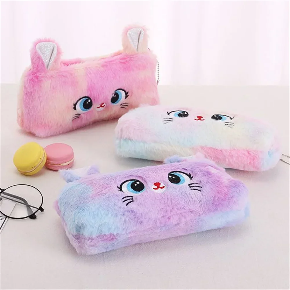 Kawaii Cat Large-capacity Zipper Pencil Bag, Beautiful Cartoon Creative Plush Pencil Bag for Girls Stationery Storage Bag