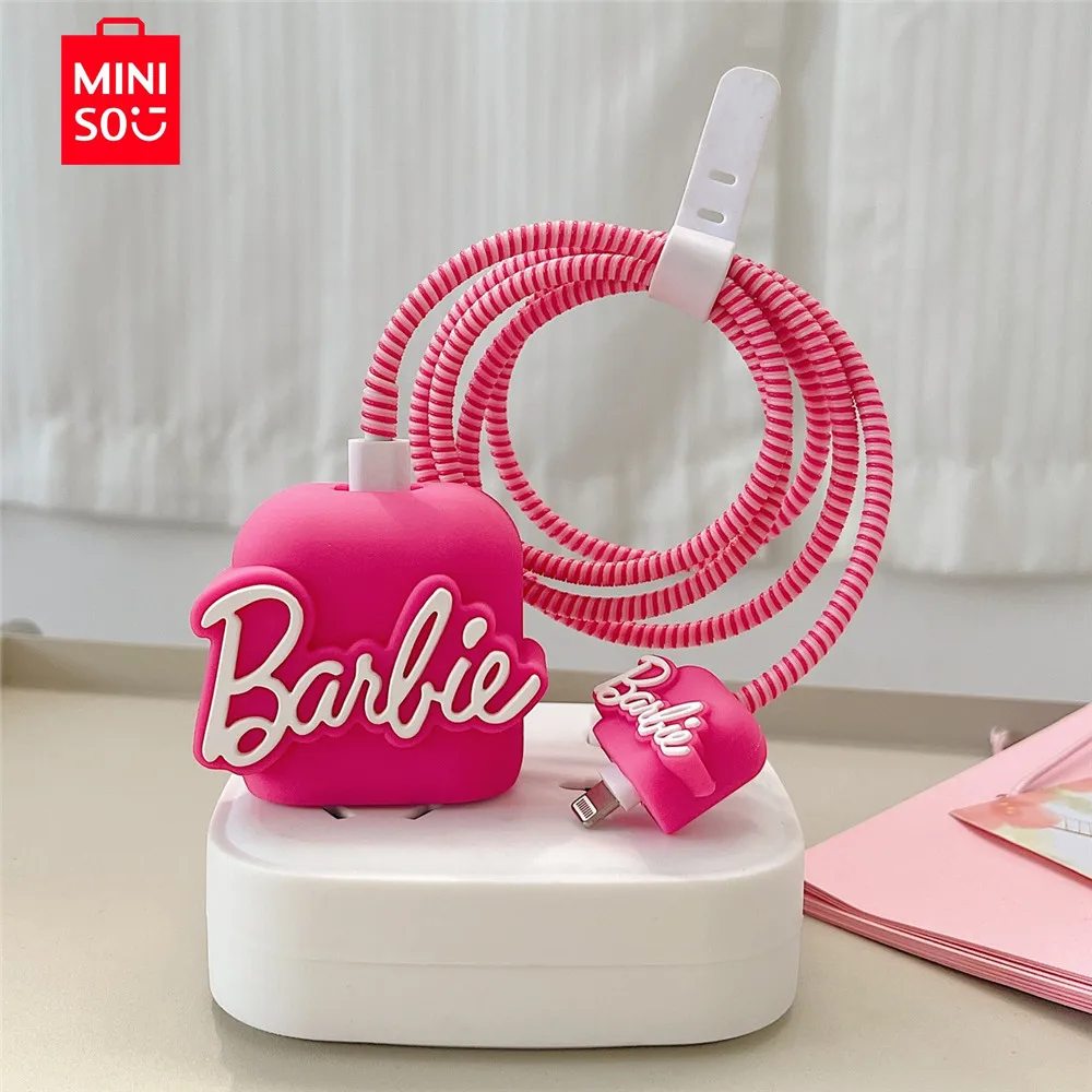Kawaii Miniso Barbie 4Pcs Set Cable Protector for iPhone/iPad 18W/20W Charger Case Cable Management Phone Wire Cord Organizers