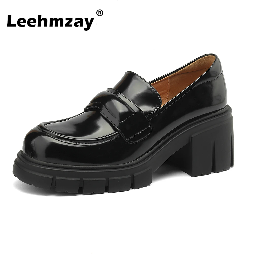 

Туфли Leehmzay женские из натуральной кожи, повседневные лоферы, платформа, толстый высокий каблук, весеннее офисное платье, размеры 34-39, 2024