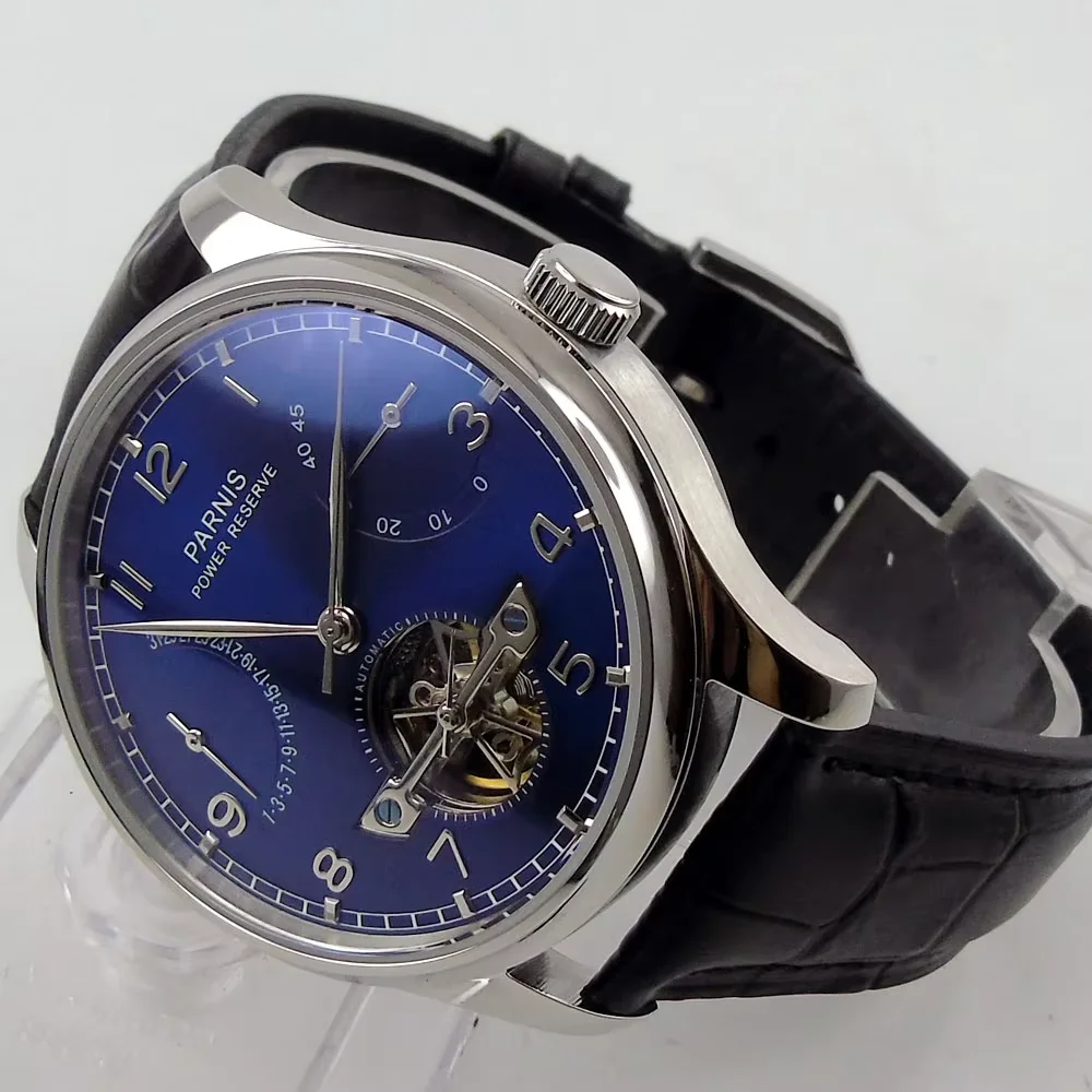 43mm Parnis Blue White Dial Power Reserve Genuine Leather