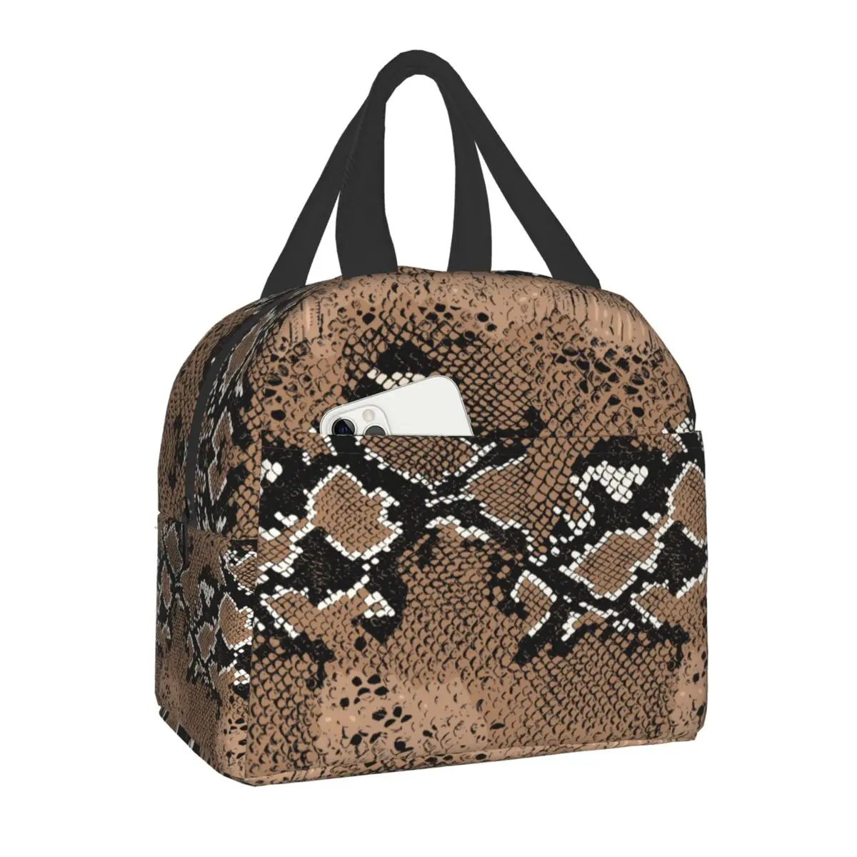 

Изолированная сумка для ланча с принтом змеиной кожи для женщин, водонепроницаемый термоохладитель с текстурой змеиной кожи и животными, подходит для офиса, работы, школы