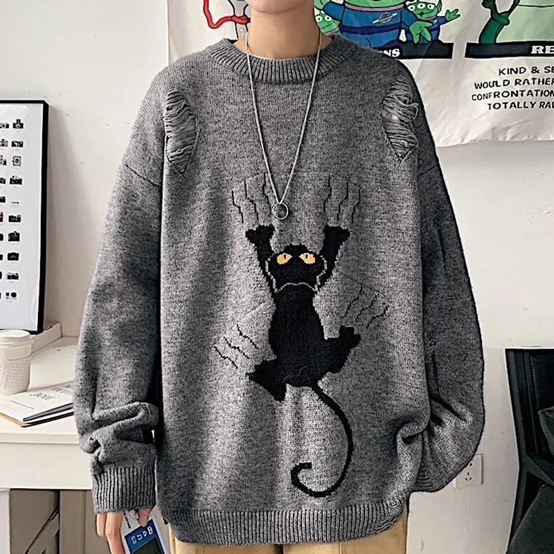 2024 Spring And Autumn Leaky Hole Sweater Korean Edition Men's Travel Handsome Abstract Pattern Loose Long Sleeved Knitted Shirt