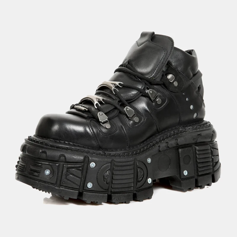 Men Retro Spanish Tank Bottom Metal High-Top Platform Leather Shoes Dark Punk Muffin Bottom Street Shooting Pumps Women
