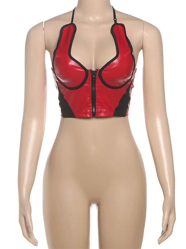 Nibber Zipper Vest Women Patchwork Faux Leather Halter Low-Neck Backless Skinny Sexy Hottie Wild Midnight Fashion Streetwear