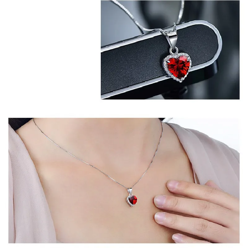 Hot 925 Sterling Silver Women's Necklace Ruby Heart Necklace Engagement Wedding High Jewelry