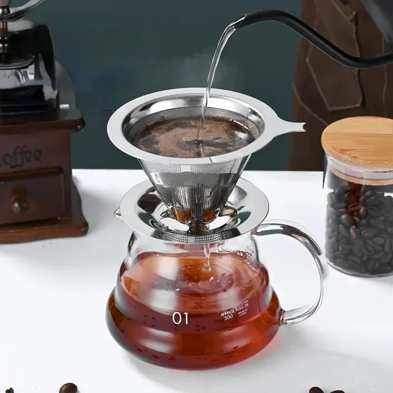 304 Stainless Steel Reusable Double Layer Coffee Filter Holder Pour Over Coffees Dripper Mesh Coffee Tea Filter Basket Tools