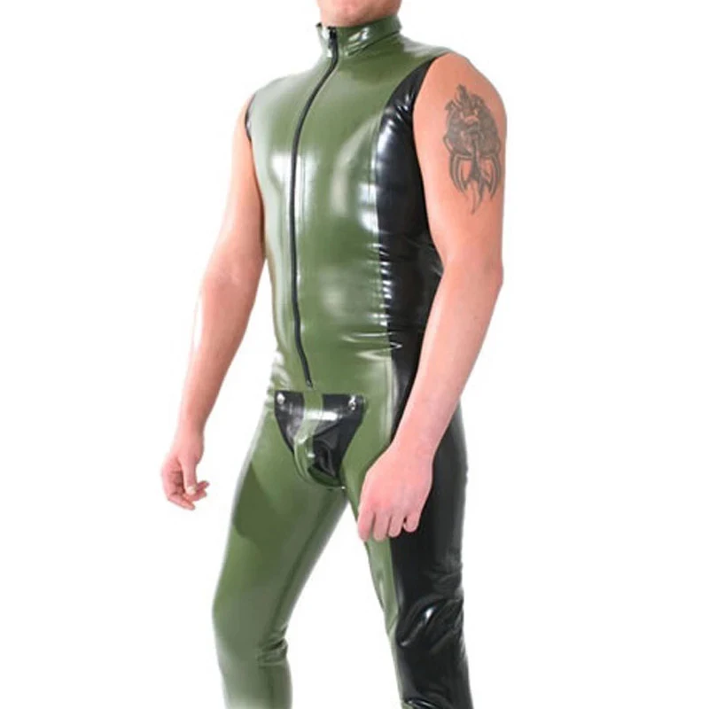 

Handmade Latex Jumpsuit Rubber Gummi Sleeveless Fitness Set with Front Crotch Zip Codpiece Army Green with Black for Men Wear