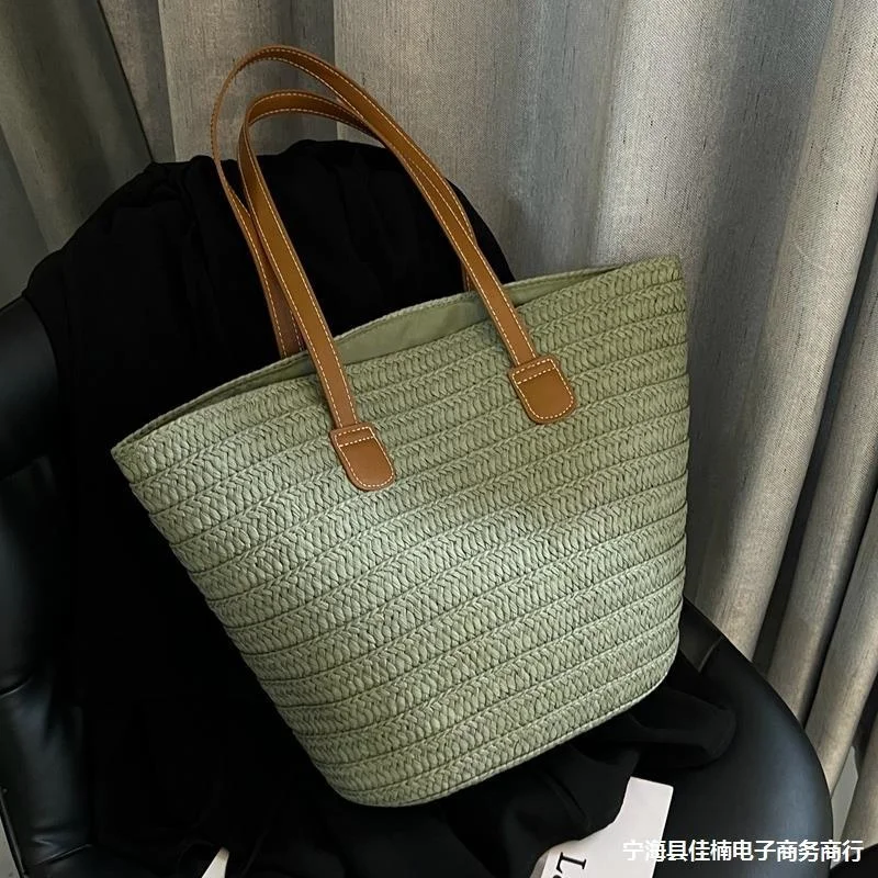 Large Capacity Single Shoulder Woven Bag For Women's 2023 Summer New Straw Woven Bag Weaving Large Capacity Bucket Bag