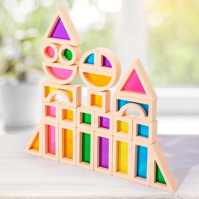25Pcs Stacking Building Blocks Montessori Toys Construction Toys Colorful Geometry Sensory Toy Wood Rainbow Blocks for Preschool