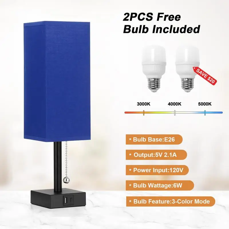 Bedside Lamps With USB CA Charging Ports With 3-Color Modes With Pull Chain Bedroom Lamp With White Fabric Shade Night Light 5