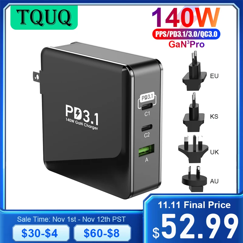 TQUQ 140W USB C PD3.1 Fast Charger 3 Port GaN PD 100W PPS 65W QC5 ...