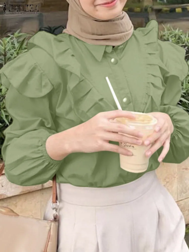 

Autumn Blouses ZANZEA Women Muslim Fashion Tops Lapel Long Sleeve Buttons Down Shirt Elegant Ruffles Holiday Blusas Hijab Blouse