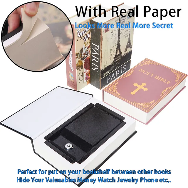 Creative Book Style Safe Box Money Jewelry Stash Hidden Secret Compartment Key Lock Metal Storage Box Simulation Classic Book 3
