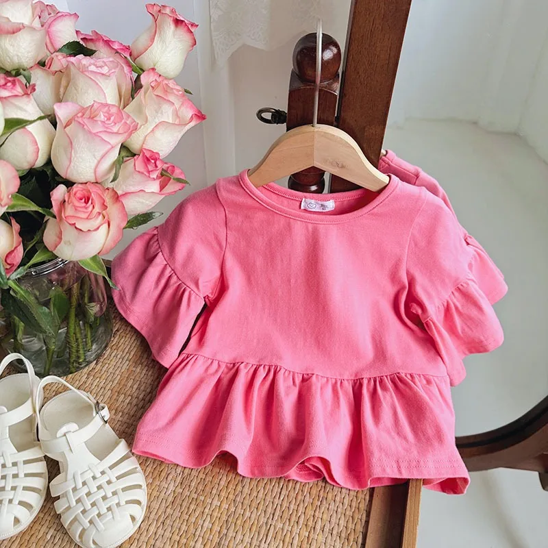 

2024 New Girls Spring Summer One Piece Top Flying Sleeved Lotus Leaf Shirt Loose Fashion Sweet All-match Outdoor