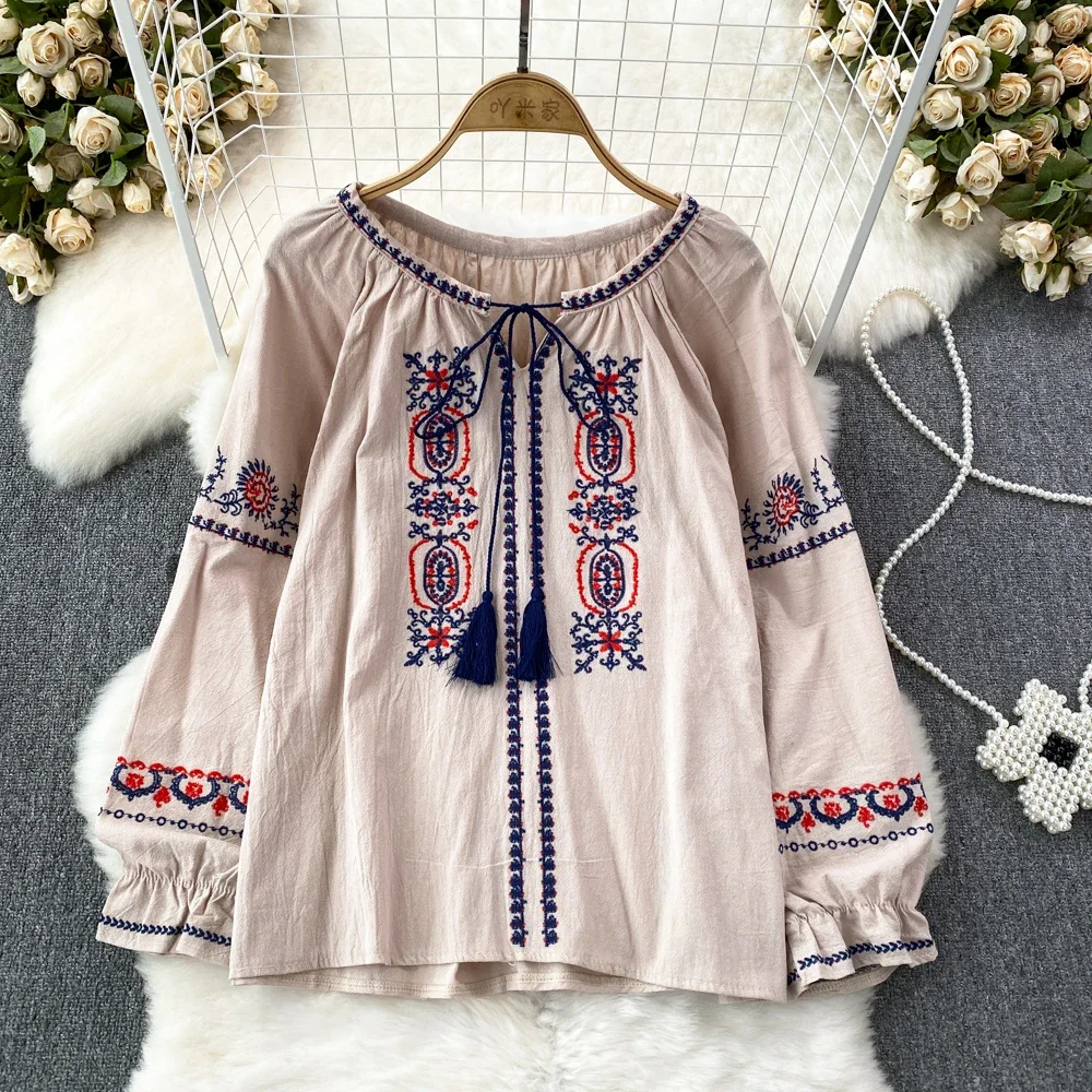 Chic Sweet Embroidery Tassels Long Sleeve Loose Blouse Elegant