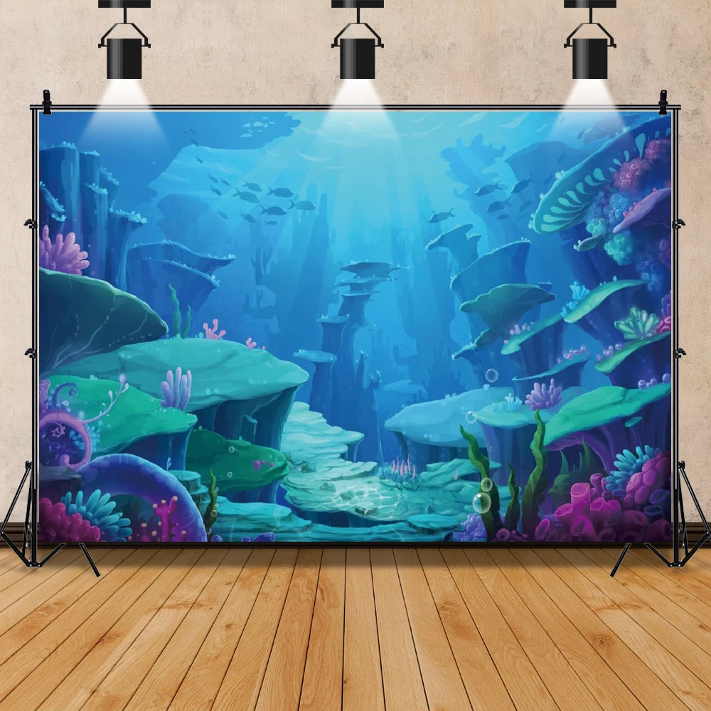 

Blue Sea Backgrounds For Photography Underwater Shell Coral Bubble Customized Banner Birthday Baby Photo Backdrop Photo Studio