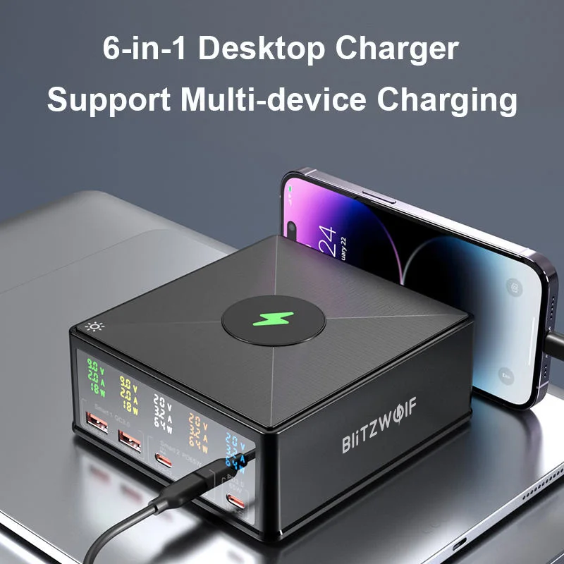 BlitzWolf USB PD 데스크탑 충전기, 868H, 160W, 5 포트, 듀얼 USB-A QC3.0, 듀얼 PD65W, C타입, 65W, 15W, 10W, 7.5W, 5W