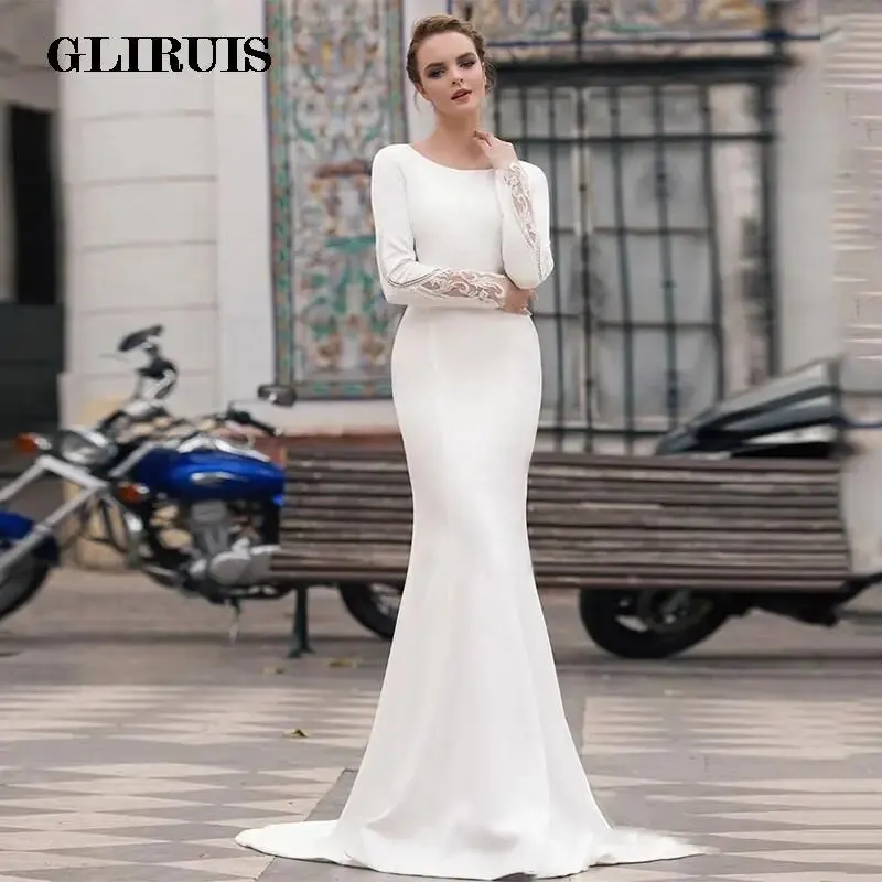 

Elegant Mermaid Weddding Dresses Appliqued Lace Pearls Backless Bridal Gown Full Sleeve Floor Length 2021 Beach Bride Dress